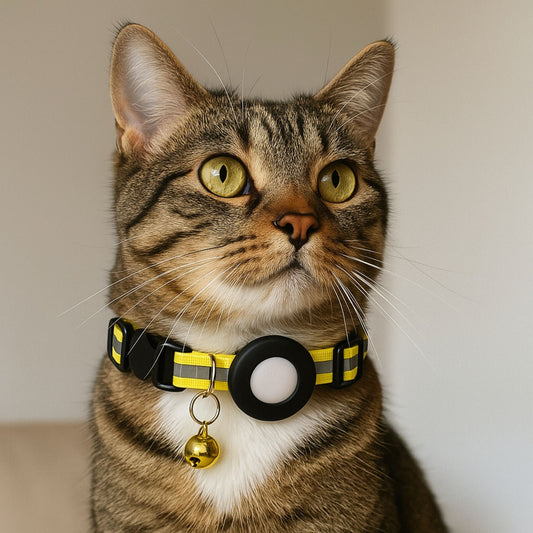 Collier GPS Chat <br> Jaune Flashy avec Bande Réfléchissante, Clochette et Support en Silicone