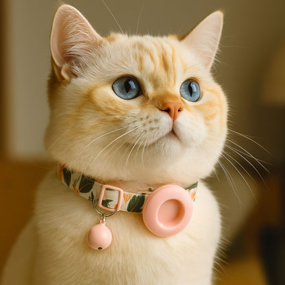 Collier GPS Chat <br> Jungle Douce avec Plantes Colorées sur Fond Rose, Support et Clochette Roses
