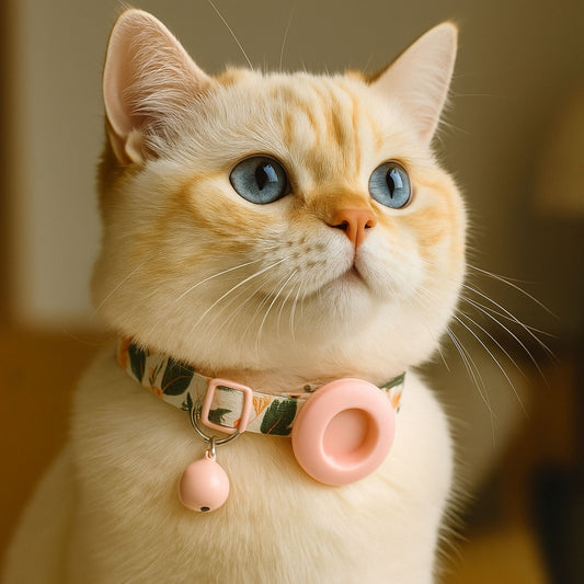 Collier GPS Chat <br> Jungle Douce avec Plantes Colorées sur Fond Rose, Support et Clochette Roses