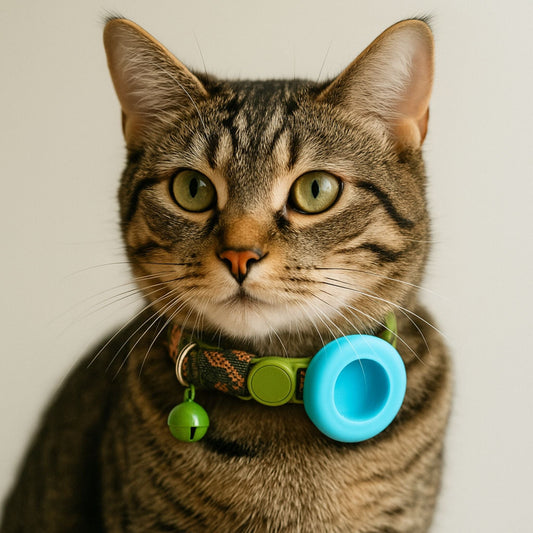 Collier GPS Chat <br> Look Jungle avec Jaguar Sauvage, Support Bleu et Clochette Verte