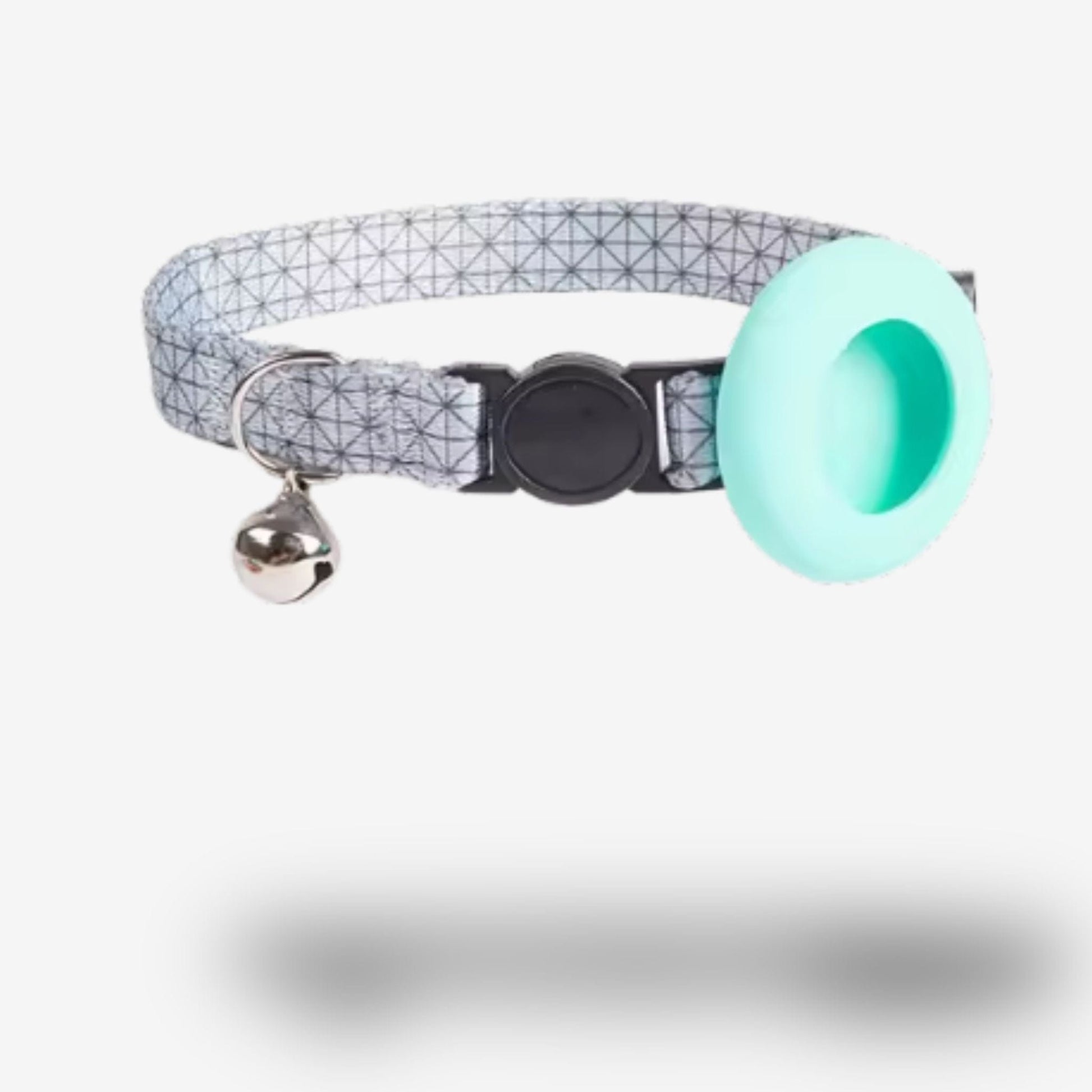 Collier GPS Chat <br> Look Minimaliste à Carreaux Bleus, Support Bleu Clair et Clochette Métallique