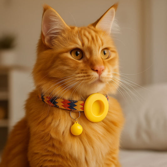 Collier GPS Chat <br> Motif Mosaïque aux Flèches Chaudes, Support Jaune et Clochette Assortie