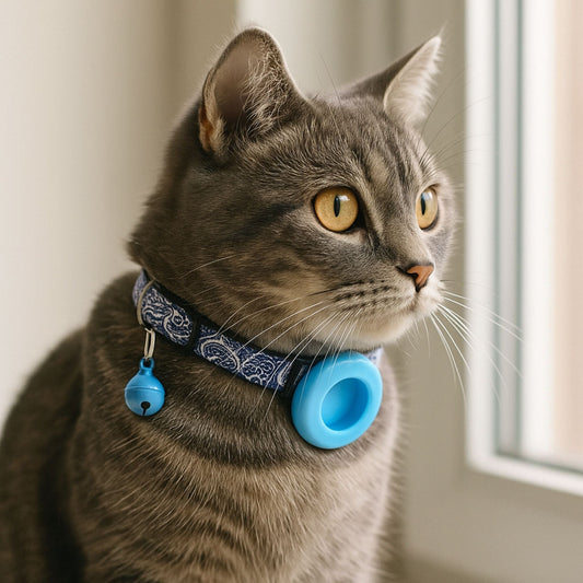 Collier GPS Chat <br> Porcelaine Élégante Bleu Marine, Clochette Métallique et Support Bleu