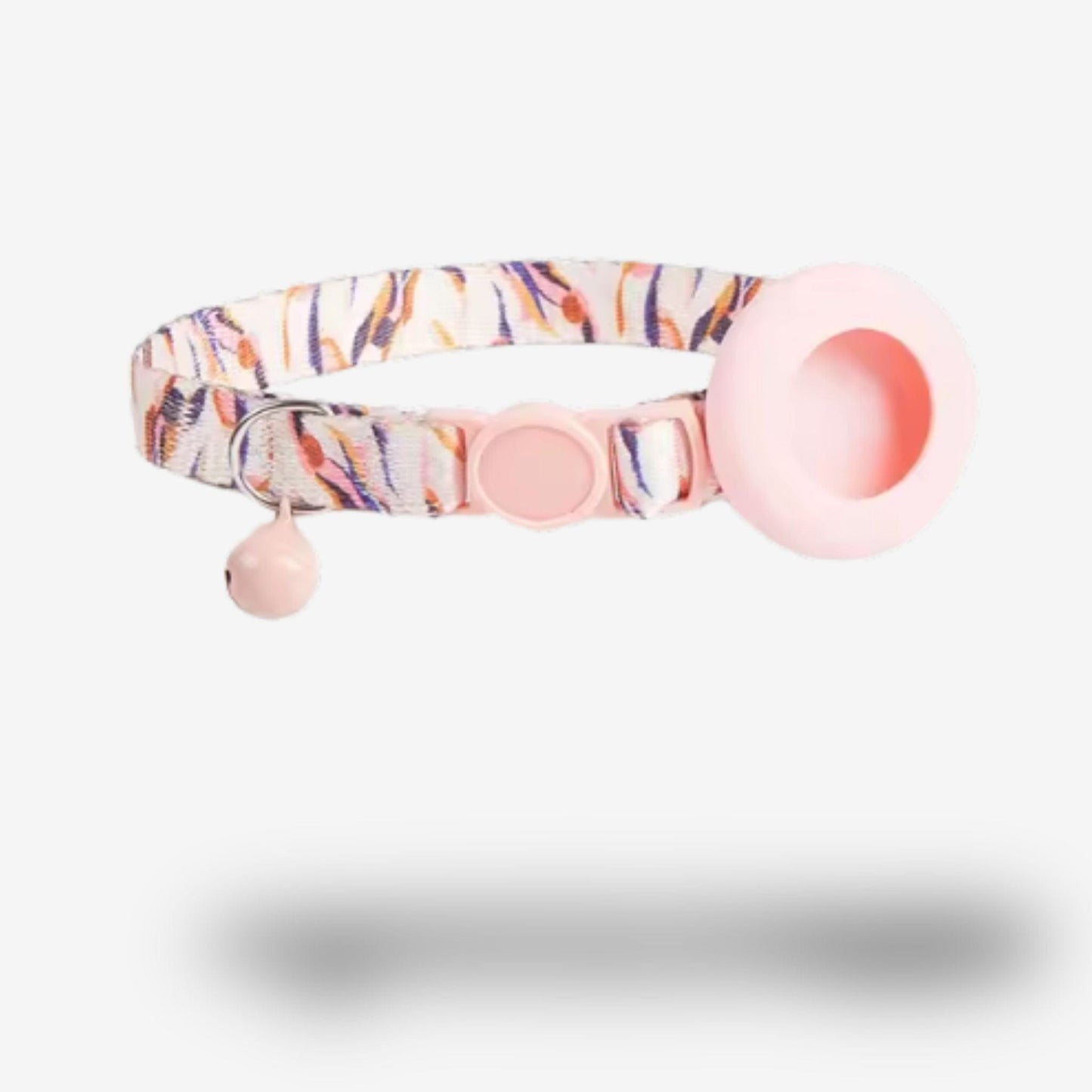 Collier GPS Chat <br> Rayures Colorées sur Fond Rose, Support et Clochette Coordonnés