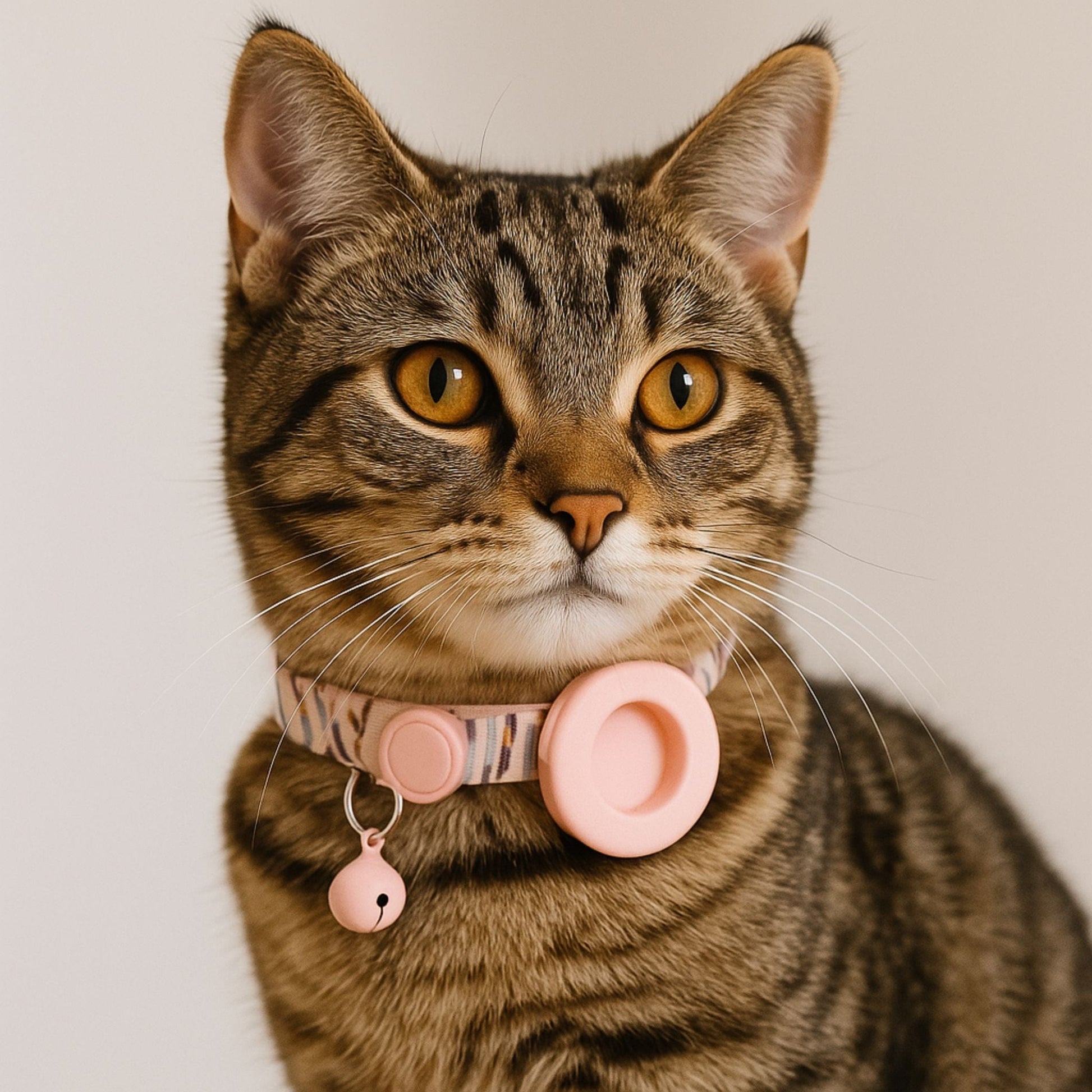 Collier GPS Chat <br> Rayures Colorées sur Fond Rose, Support et Clochette Coordonnés