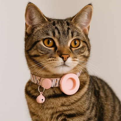 Collier GPS Chat <br> Rayures Colorées sur Fond Rose, Support et Clochette Coordonnés