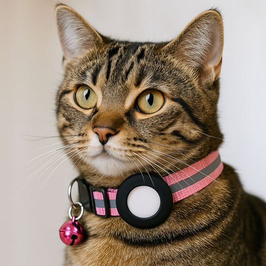 Collier GPS Chat <br> Rose Réfléchissant et Clochette Coordonnée, avec Support en Silicone Souple