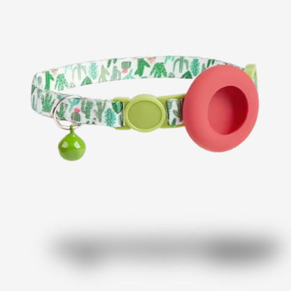 Collier GPS Chat <br> Style Désert Chic avec Cactus, Support Rouge Clair et Clochette Verte