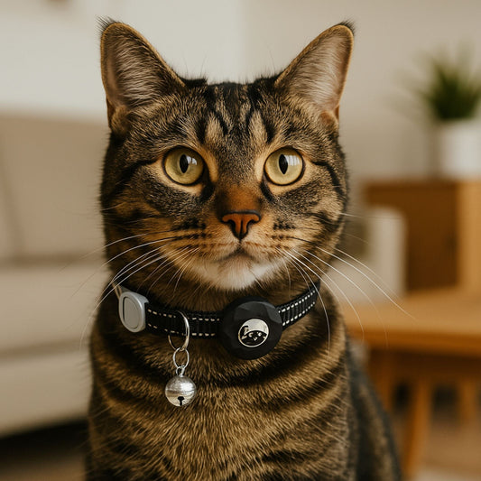 Collier GPS Chat <br> Style Sobre et Noir Profond, Clochette Métallique et Support Refermable
