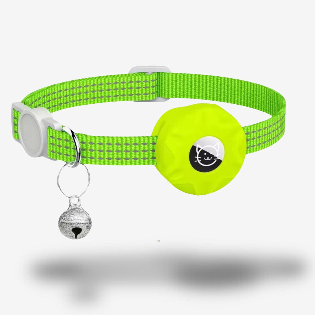 Collier GPS Chat <br> Vert Clair Réfléchissant pour Plus de Sécurité, Clochette Métallique et Support Refermable