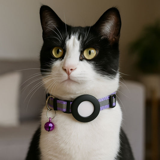 Collier GPS Chat <br> Violet Sécurité avec Bande Réfléchissante et Clochette Ton sur Ton