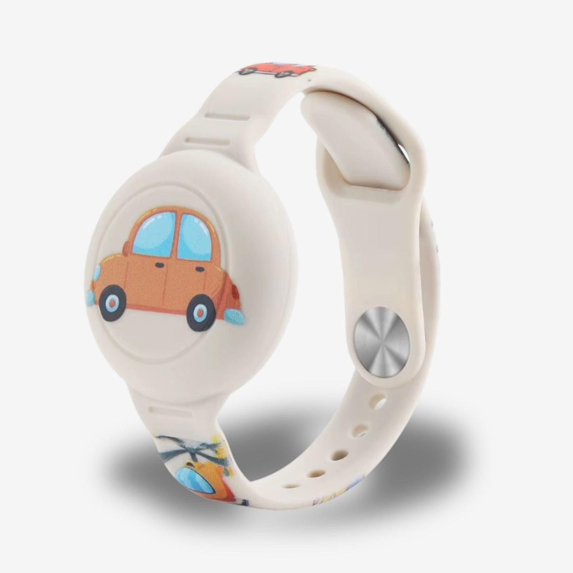 Traceur GPS Enfant <br> Bracelet Beige Silicone avec Motif Voiture sur Compartiment