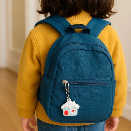 Traceur GPS Enfant <br> Maison Enneigée en Silicone, Ambiance Hivernale et Mousqueton Pratique