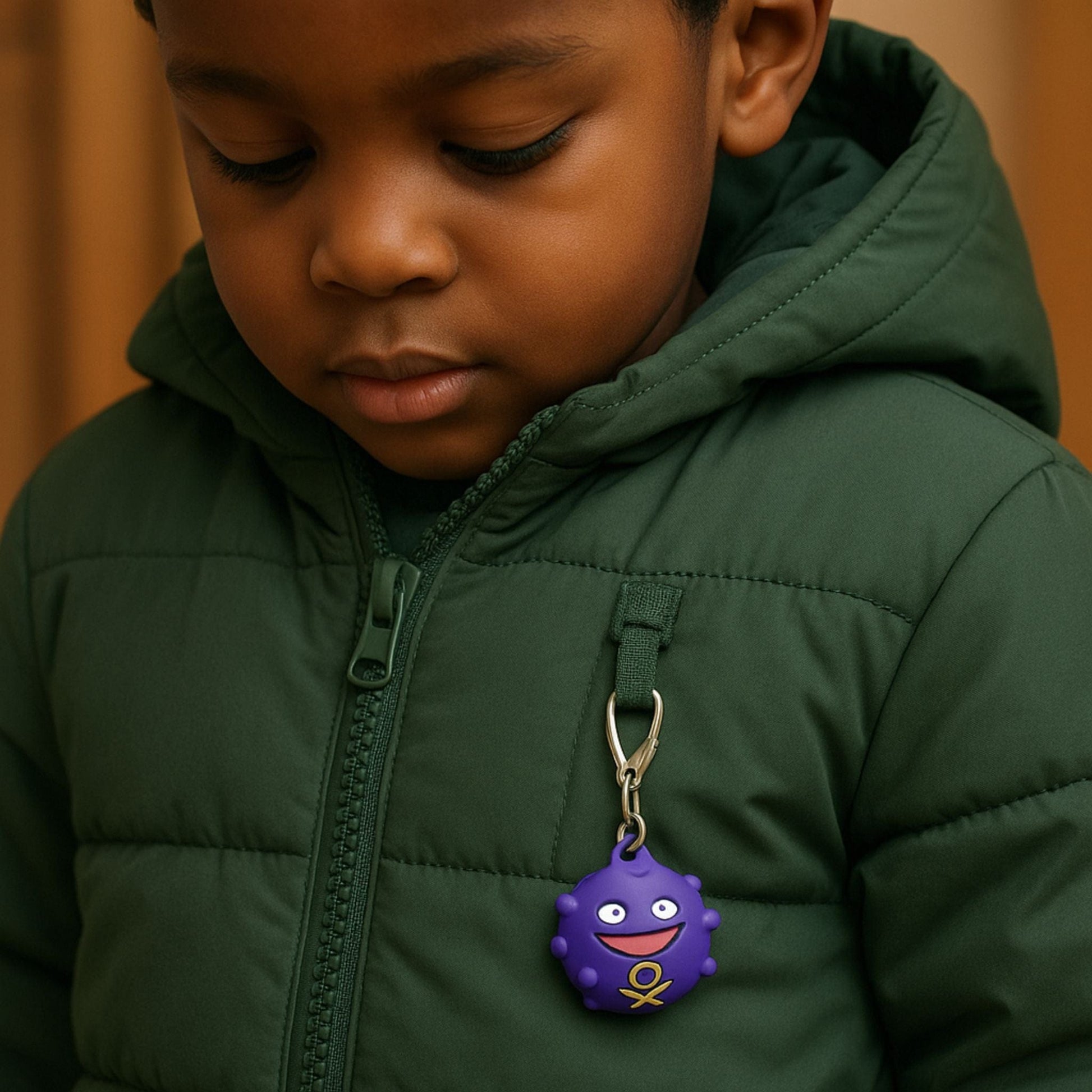 Traceur GPS Enfant <br> Petit Animal Violet Souriant, Silicone Souple et Mousqueton