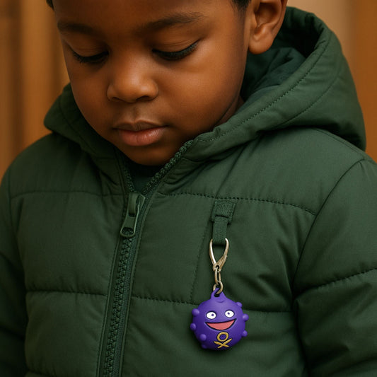 Traceur GPS Enfant <br> Petit Animal Violet Souriant, Silicone Souple et Mousqueton